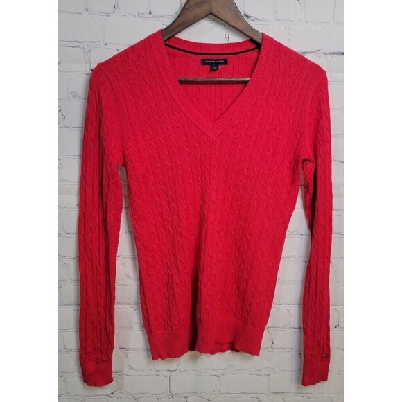 Tommy Hilfiger Women's Red Solid V Neck Cable Knit Sweater Sz S Preppy Classic - Picture 1 of 6
